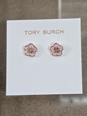 Tory Burch Gold-Trim Pink Flower Logo Stud Earrings